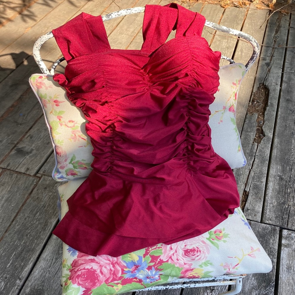 Exquisite Swim Dress in a Dark Raspberry Red Ruched Wide Straps Tiered Skirt
